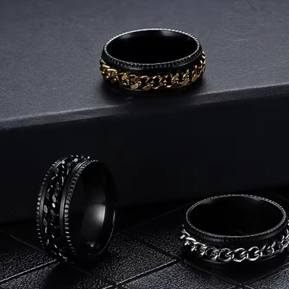 NEW - Stainless Steel Rotating Chain Link Unisex Spinner Ring - SZ 7- BLACK/SLVR - Picture 4 of 4